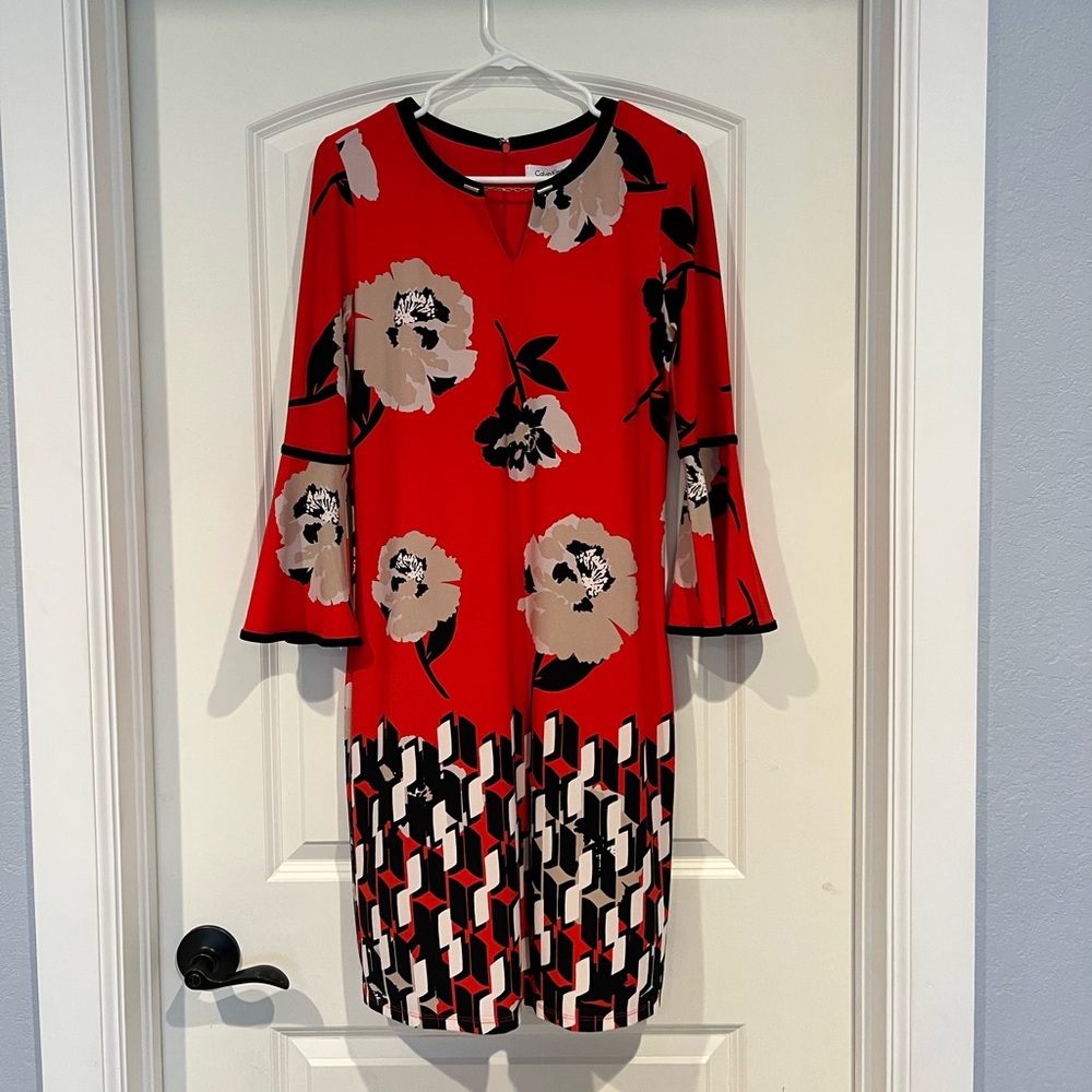 Calvin Klein Red and Black Cocktail Sheath Dress with Bell Sleeves size S